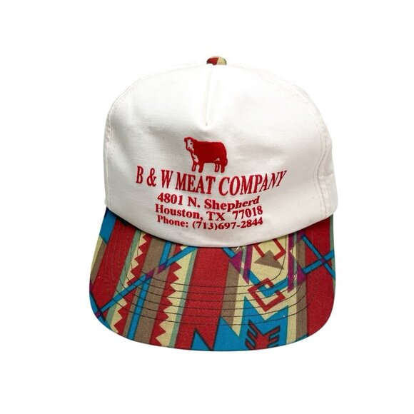 Vintage B&W Meat Company Aztec Trucker Hat Meat Worker Butcher Cow Bull - Picture 1 of 9